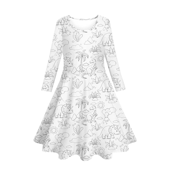 Girls Coloring Dresses Long Sleeve Casual Cute Dress Twirly DIY Hand Printed Dresses, White, 4 Years