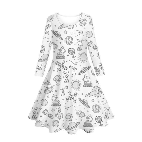 Girls Coloring Dresses Long Sleeve Casual Cute Dress Twirly DIY Hand Printed Dresses, White, 8 Years