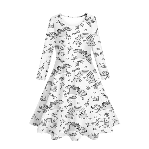 Girls Coloring Dresses Long Sleeve Casual Cute Dress Twirly DIY Hand Printed Dresses, White, 8 Years
