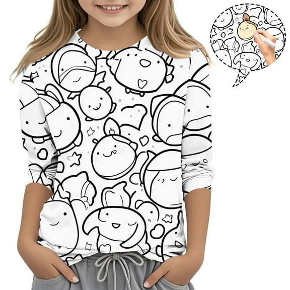 Girls Coloring T Shirt Funny Gift DIY Hand Printed 3/4 Sleeve Graphic Tees Pullover Cotton Casual Color-In Cute Tops, White, 11 Years