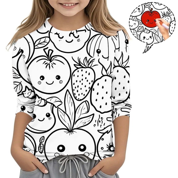 Girls Coloring T Shirt Funny Gift DIY Hand Printed 3/4 Sleeve Graphic Tees Pullover Cotton Casual Color-In Cute Tops, White, 11 Years