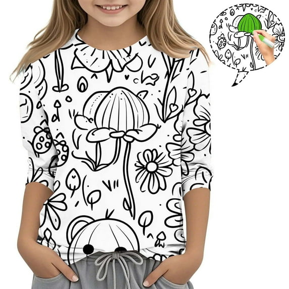Girls Coloring T Shirt Hand DIY 3/4 Sleeve Graphic Tees Funny Gift Pullover Casual Cotton Color-In Cute Tops, White, 9 Years
