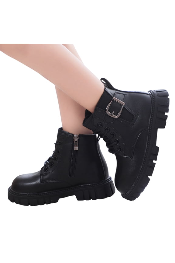 Girls Combat Ankle Boots Stretch Buckle Strap Lace up Zipper Chunky Lug Sole Winter Warm Short Riding Booties Black 11.5 Little Kid