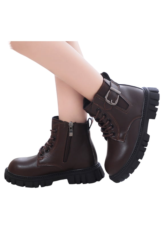 Girls Combat Ankle Boots Stretch Buckle Strap Lace up Zipper Chunky Lug Sole Winter Warm Short Riding Booties Coffee 3 Big Kid