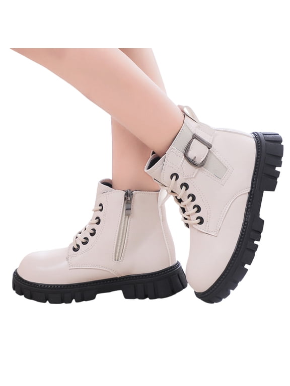Girls Combat Ankle Boots Stretch Buckle Strap Lace up Zipper Chunky Lug Sole Winter Warm Short Riding Booties White 9 Toddler