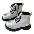 thumbnail image 1 of Girls Combat Boots Fashion Braided Pattern Lace up Platform Lug Sole Low Heel Fall Winter Ankle Booties Waterproof Leather Short Riding Boots 1.5 Big Kid Silver, 1 of 6