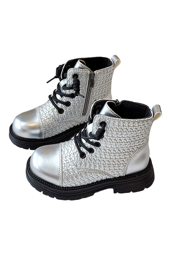 Girls Combat Boots Fashion Braided Pattern Lace up Platform Lug Sole Low Heel Fall Winter Ankle Booties Waterproof Leather Short Riding Boots 1.5 Big Kid Silver