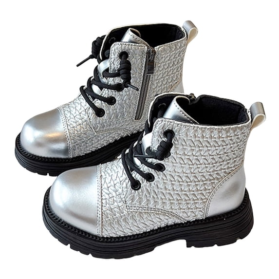 Girls Combat Boots Fashion Braided Pattern Lace up Platform Lug Sole Low Heel Fall Winter Ankle Booties Waterproof Leather Short Riding Boots 1.5 Big Kid Silver