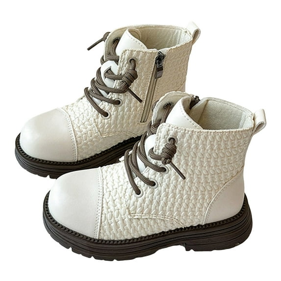 Girls Combat Boots Fashion Braided Pattern Lace up Platform Lug Sole Low Heel Fall Winter Ankle Booties Waterproof Leather Short Riding Boots 12.5 Little Kid White