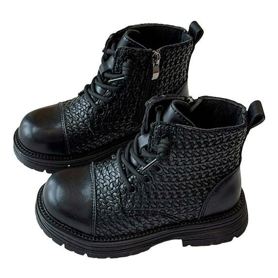Girls Combat Boots Fashion Braided Pattern Lace up Platform Lug Sole Low Heel Fall Winter Ankle Booties Waterproof Leather Short Riding Boots 13.5 Little Kid Black