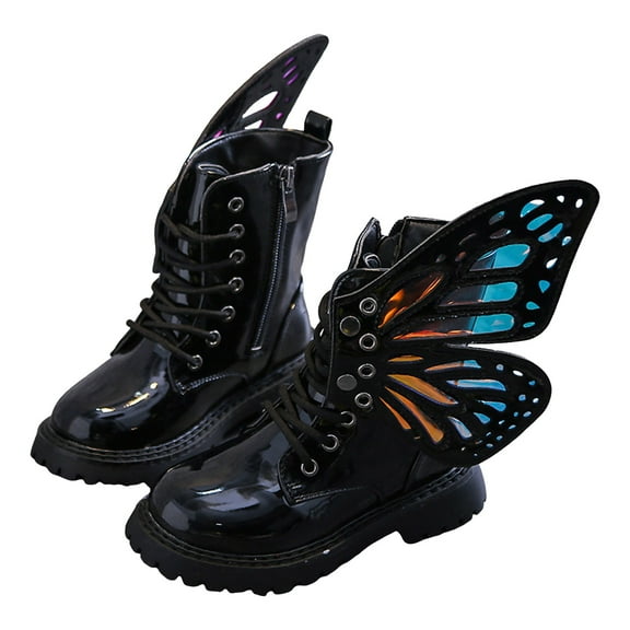 Girls Combat Boots Fashion Glitter Wing Decor Princess Dress Booties Lace up Zipper Lug Sole Winter Ankle Boots Black 12 Little Kids