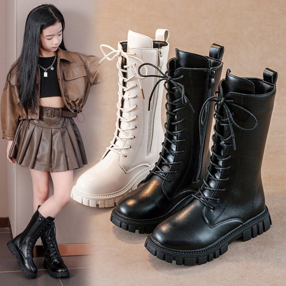 Girls Combat Boots Knee High Mid Calf Side Zipper Lace Up Classic Kids Winter Shoes Fall Fashion Teen Punk Goth Boot