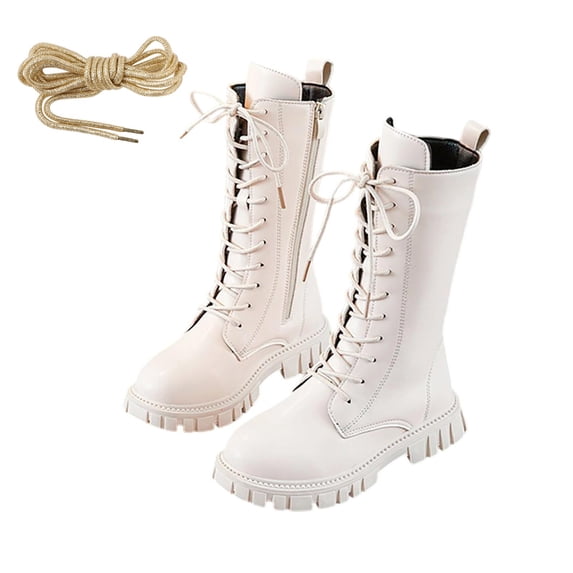 Girls Combat Boots, Lace-Up Mid-Calf Riding Boots with Side Zipper and Lug Sole, Little/Big Kids