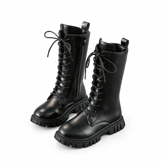 Girls Combat Boots, Lace-Up Mid-Calf Riding Boots with Side Zipper and Lug Sole, Little/Big Kids