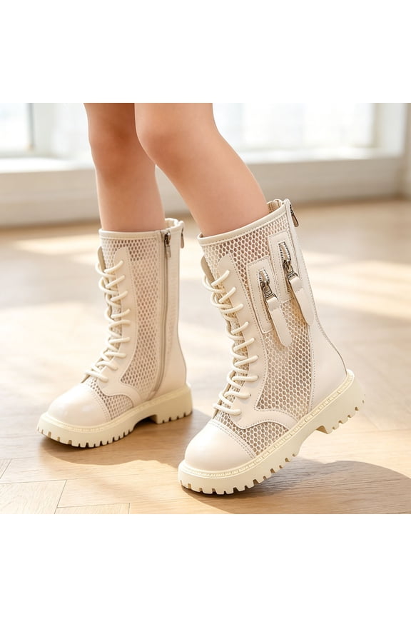 Girls Combat Boots Lace Up Side Zipper Breathable Mesh Lightweight Non-Slip Chunky Platform White,Size 32