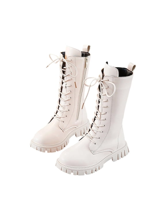 Girls Combat Boots with Lacing, PU Leather Boot Mid Calf Boots Winter Warm Fleece Lined Snow Booties Comfortable Platform Walking Shoes Casual Waterproof Boot Side Zipper Riding Shoes