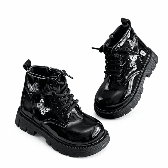Girls Combat Boots, Patent Leather Butterfly Lace-Up Boots with Side Zipper for Toddler Little Kids