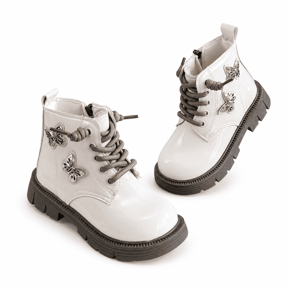 Girls Combat Boots, Patent Leather Butterfly Lace-Up Boots with Side Zipper for Toddler Little Kids