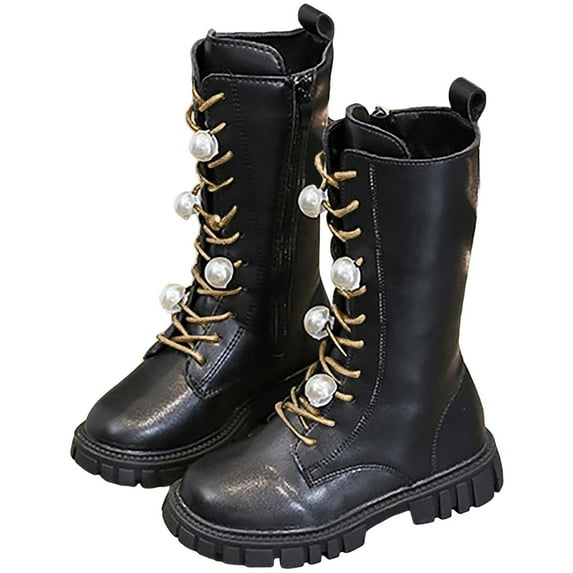 Girls Combat Boots Pearl Strap Lace up Chunky Non Slip Mid Calf Riding Booties Trendy Fall Dress Long Motorcycle Boots Black 3 Big Kids