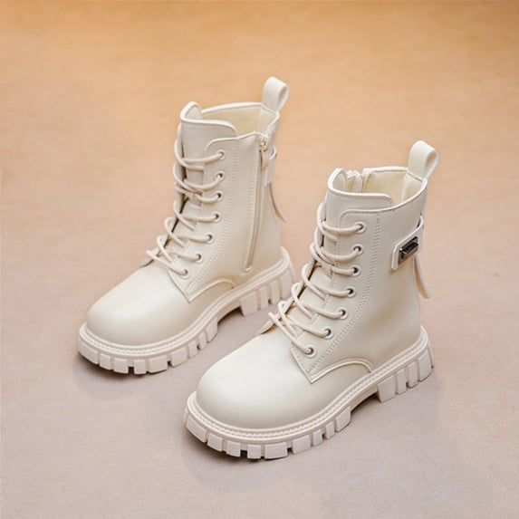 Girls Combat Boots Side Zipper Non-slip Lightweight PU Faux Leather Beige,Size 31