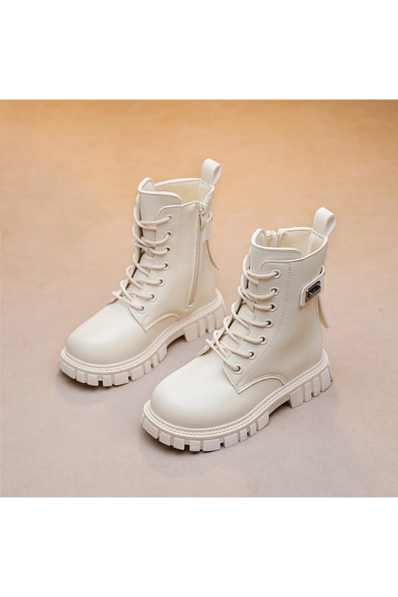 Girls Combat Boots Side Zipper Non-slip Lightweight PU Faux Leather Beige,Size 32
