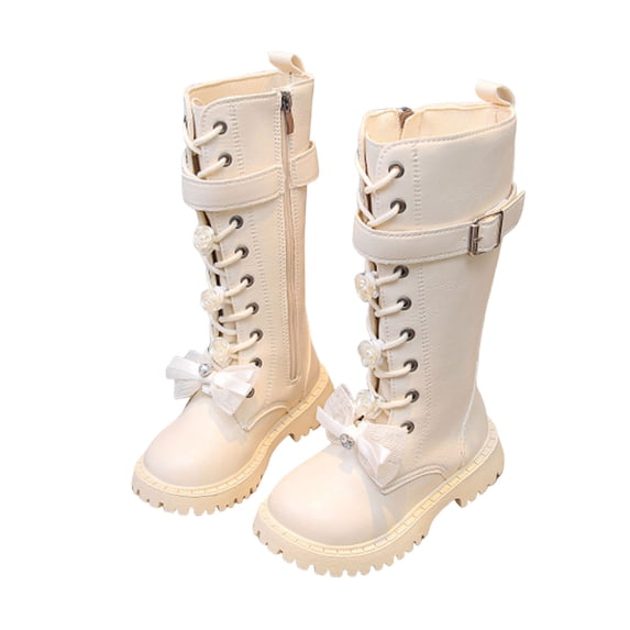 Girls Combat Boots Sweet Bow Pearl Strappy Chunky Non Slip Mid Calf Riding Booties Trendy Fall Dress Long Motorcycle Boots Beige 10 Little Kids
