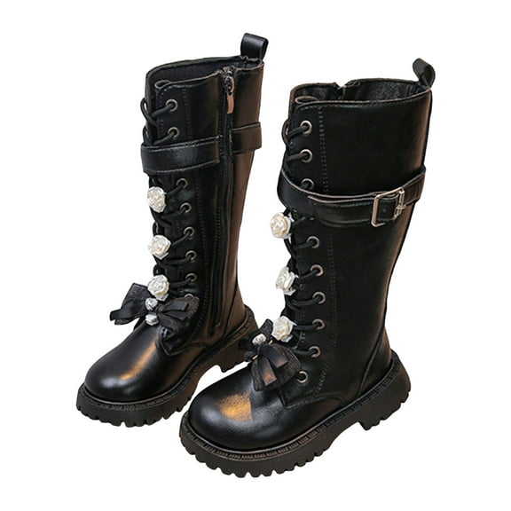 Girls Combat Boots Sweet Bow Pearl Strappy Chunky Non Slip Mid Calf Riding Booties Trendy Fall Dress Long Motorcycle Boots Black 11.5 Little Kids