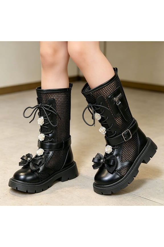 Girls Combat Platform Mid Calf Boots with Bows Lace-Up Side Zipper Chunky Heel Non-Slip Black,Size 32