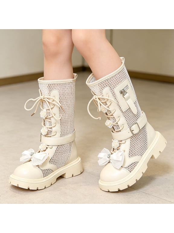 Girls Combat Platform Mid Calf Boots with Bows Lace-Up Side Zipper Chunky Non-Slip Sole Breathable Mesh White,Size 34