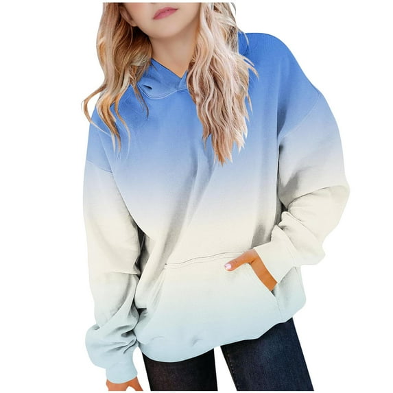 Girls Comfort Long Sleeve Hoodies New Girls Trendy Oversized Hoodies Casual Long Sleeve Pullover Tops Gradient Hooded Sweatshirt with Pocket White 13 Years