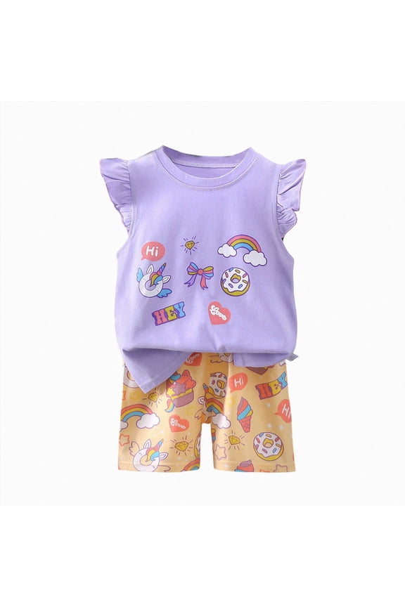 Toddler Girl Summer Short Outfit Sets Cotton Sleeveless Tops Tees Shorts Little Girls Clothing Sets(Purple,6-9 Months)