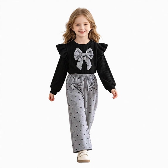 Girls Comfortable And Breathable Set Cute Printed Long Sleeve Top Bow Pants Two Piece Set 5-6 Years Black