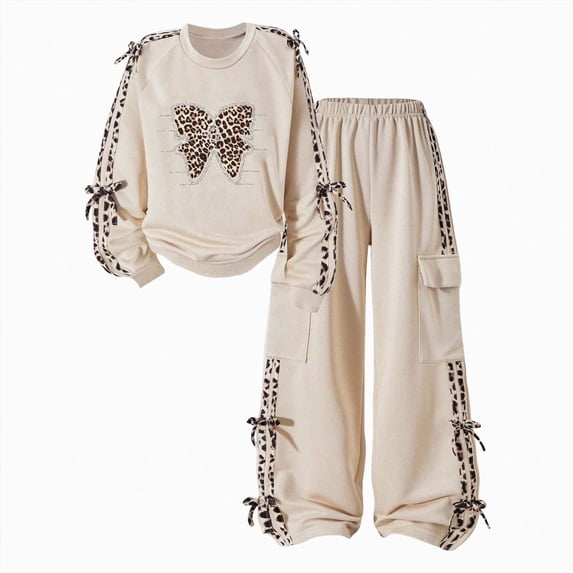 Girls Comfortable And Fashionable Set Cute Bow Printed Long Sleeve Top Pants Two Piece Set 8-9 Years Beige