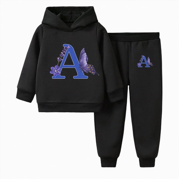 Girls Comfortable And Warm Set Cute Cartoon Print Long Sleeved Hoodie Pants Casual Two Piece Set 5-6 Years Black