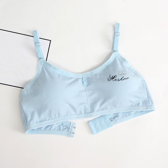 Girls Comfortable Bra Wireless Tween Girl Underwear Tops Training Bras Adjustable Straps with Removeable Pad Seamless Bras Blue 10-14Y