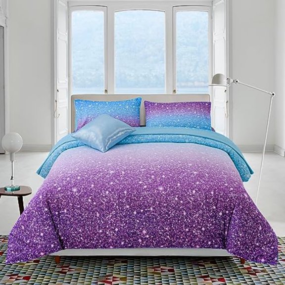 Girls Comforter Set Full Size 6 Piece Bed in A Bag 3D Colorful Sparkle Galaxy Rainbow Bedding Comforter Sheet Sets for BluePurple