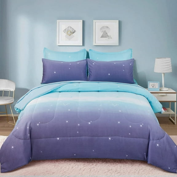 Girls Comforter Set Full Size Bed in A Bag Colorful Ombre Blue Purple Rainbow Bedding Set for Kids Teen(1 Comforter, 2 Pillowcases)