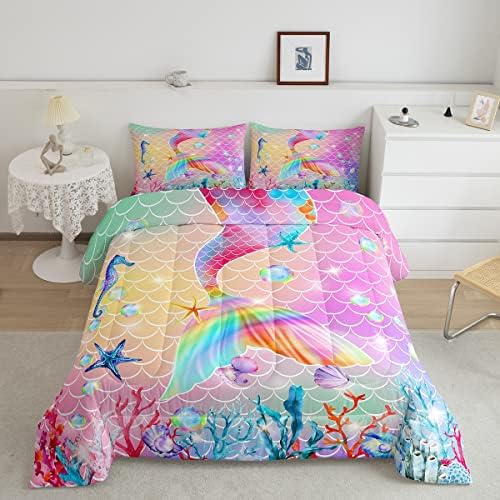 Girls Comforter Set King Size Kawaii Mermaid Tail Bedding Set for Kids Women Gold Stars Rainbow