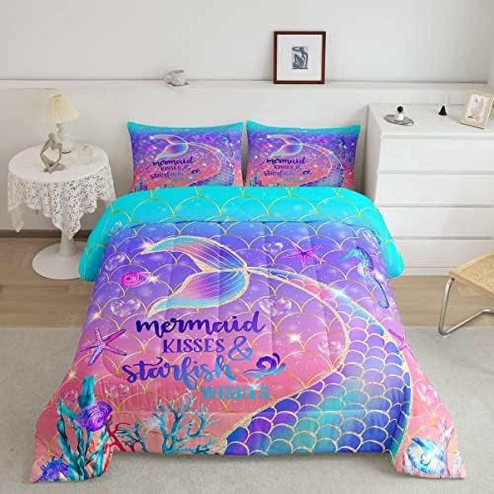 Girls Comforter Set King Size Kawaii Mermaid Tail Bedding Set for Kids Women Gold Stars Rainbow