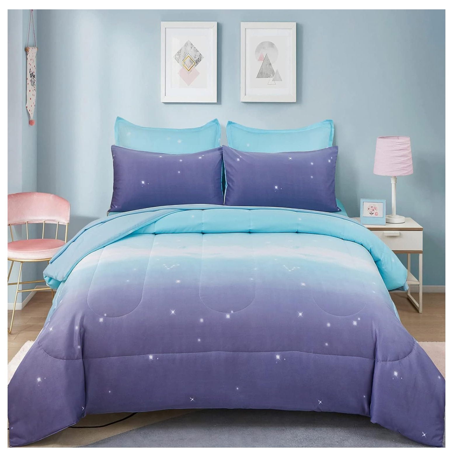 Girls Comforter Set Queen Size 7 Pieces Rainbow Kids Comforter Blue