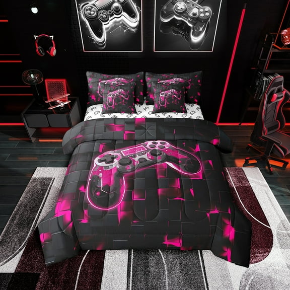 Comforter Set Twin Size 7Pcs Game Console Bedding Hot Pink 3D Gamepad Gaming Comforter Sets(1 Comforter, 1 Flat Sheet 1 Fitted Sheet 2 Pillowcases and 2 Throw Pillow Covers)