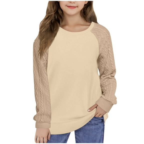 Girls Comfy Long Sleeve Blouse New Long Sleeve Shirts for Girls Casual Crewneck Cute Cable Knit Sleeve Tops Fashion Lightweight Pullover Sweatshirt Khaki 8 Years