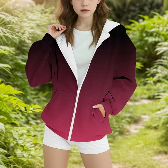 Girls Comfy Long Sleeve Blouse New Teen Girls Zip up Hoodies Fleece Lined Thermal Jacket Casual Long Sleeve Hooded Sweatshirts Fall Gradient Coat Red 10-11 Years