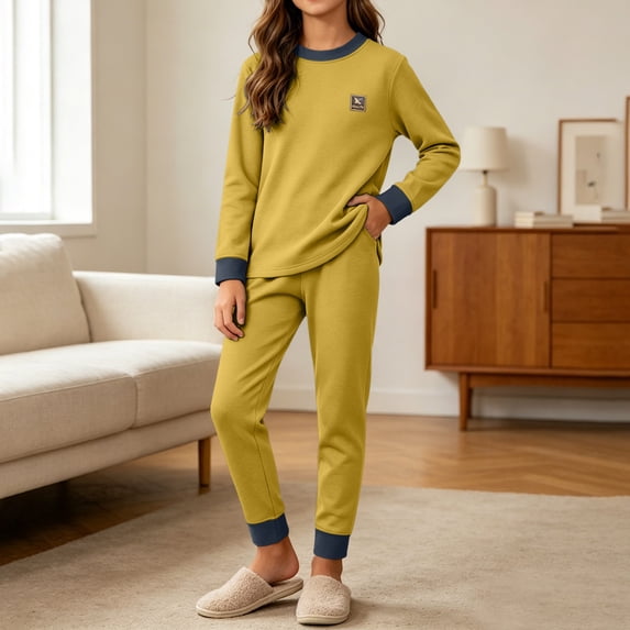 Girls Comfy Set 2-Piece Long Sleeve Top & Pants, Soft Cozy, Yellow, 4-16,Size 11-12 T