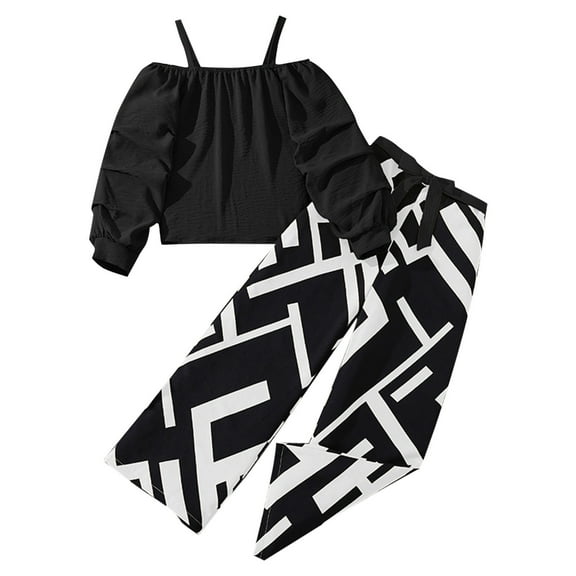 Girls Concert Outfits 2 Piece Clothing Set Fall Long Sleeve Off Shoulder Tops Pants Sets Travel Going out Loungewear 10-11 Years, Black