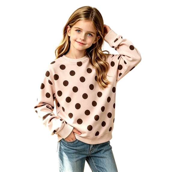 Girls Contrast Polka Dot Print Crewneck Sweatshirt, Long Sleeve Loose Pullover Top for Big Kids, Cute Classic Dotted Casual Sweatshirt Daily School Wear(Pink,6-7 Years)