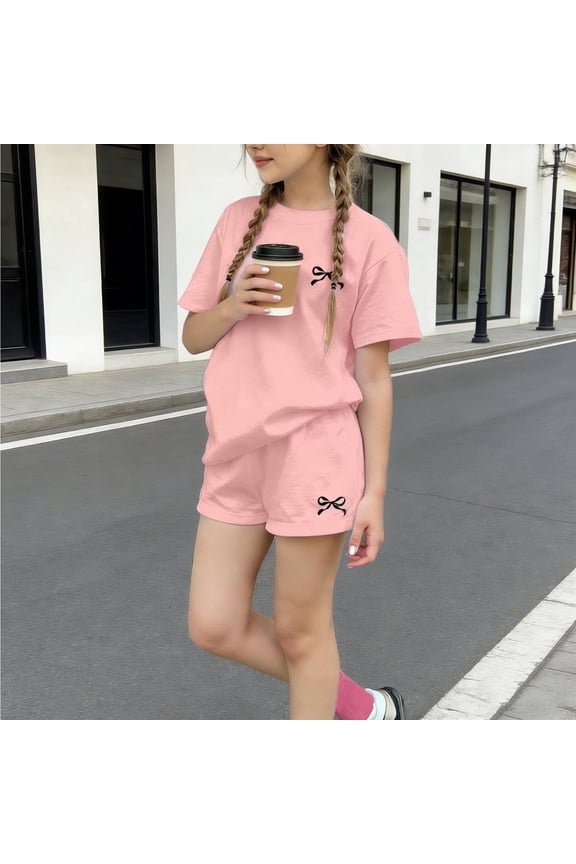 Girls Coquette 2 Piece Outfit Pink Bowknot Short Sleeve Top and Matching Lounge Shorts Polyester Casual Summer Clothes for Kids,Size 4-5T