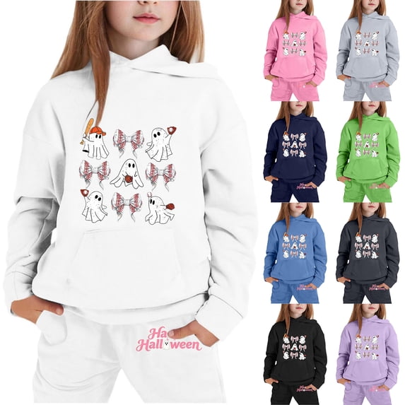 Girls Coquette Baseball Ghost Bow Grid Halloween Tracksuit, 2Pcs Stretch Polyester Hoodie Jogger Outfit for Kids Holiday Daily Loungewear(White130)