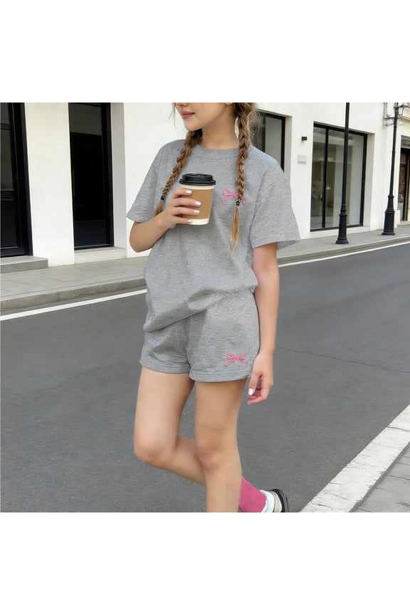 Girls Coquette Outfit 2 Piece Set Gray Bowknot Short Sleeve Top and Matching Lounge Shorts Polyester Casual Summer Clothes,Size 5-6T