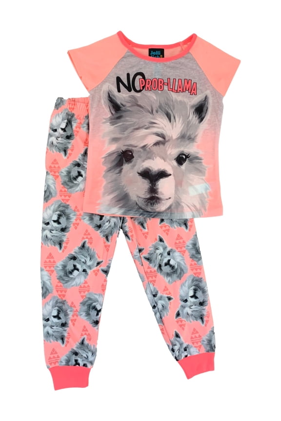 Girls Coral & Grey No Prob Llama Print 2 Piece Pajama PJ Set XS (4/5)